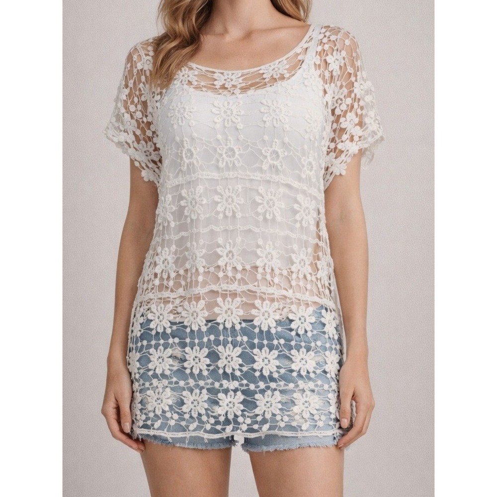 Boho Sheer Crochet Lace Tunic Top Large Floral Open Knit Beach Coverup Festival
